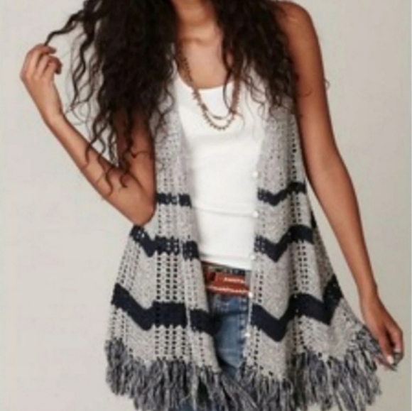 Free People Tops - *SALE* Free People Gray & Navy Fringe Button Vest